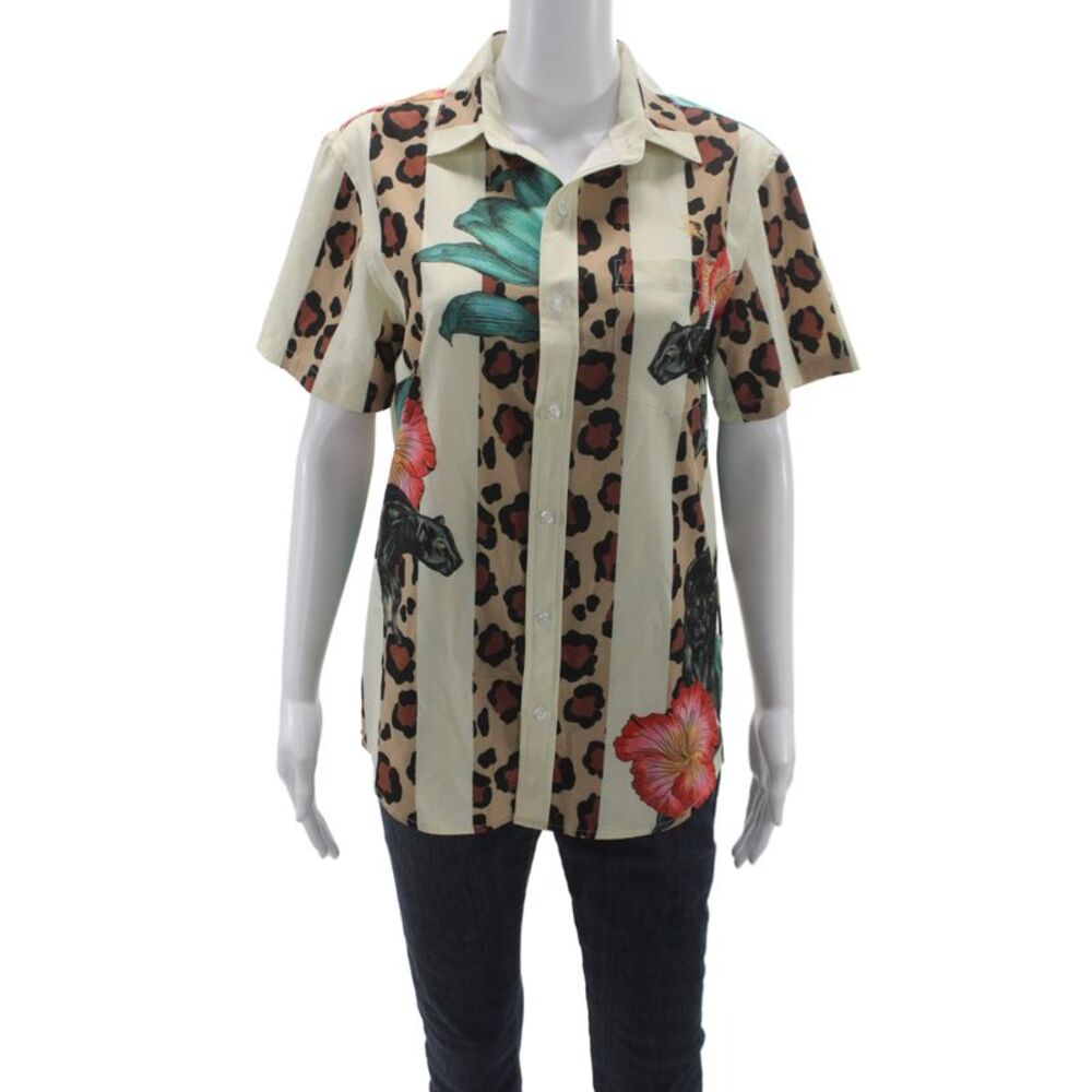 Mavrans Unisex Point Collar Button-Up Short Sleeve Animal Print Beige Size S